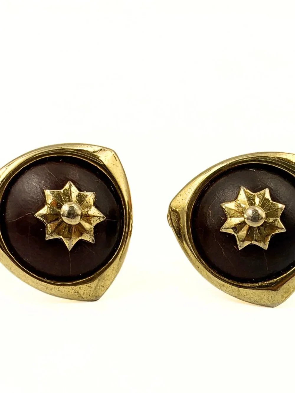 Hickok USA MCM Gold Plated Brown Wood Atomic Starburst Cufflinks